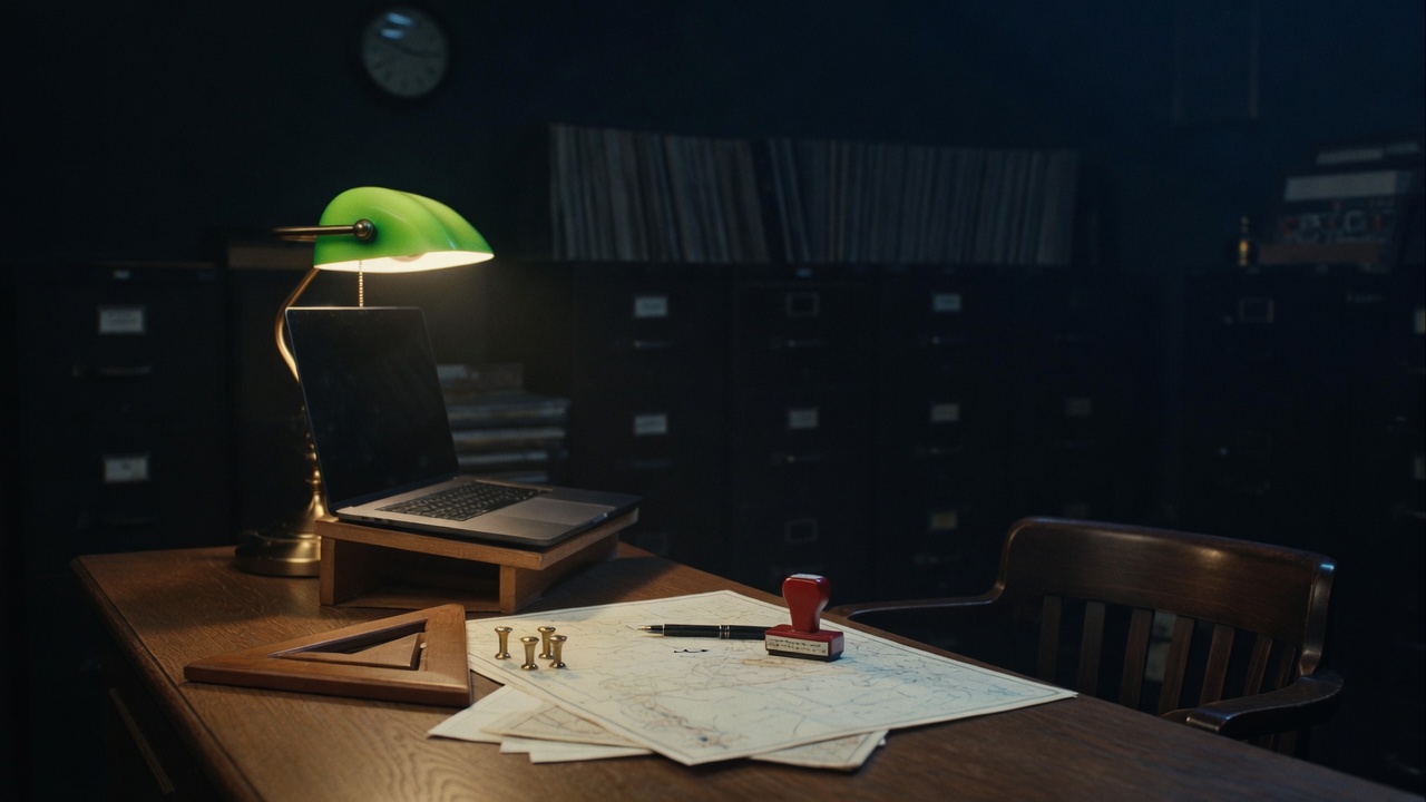 The empty clerk’s bench: lamp still on, wooden triangle, three pins, red stamp, laptop on a stand