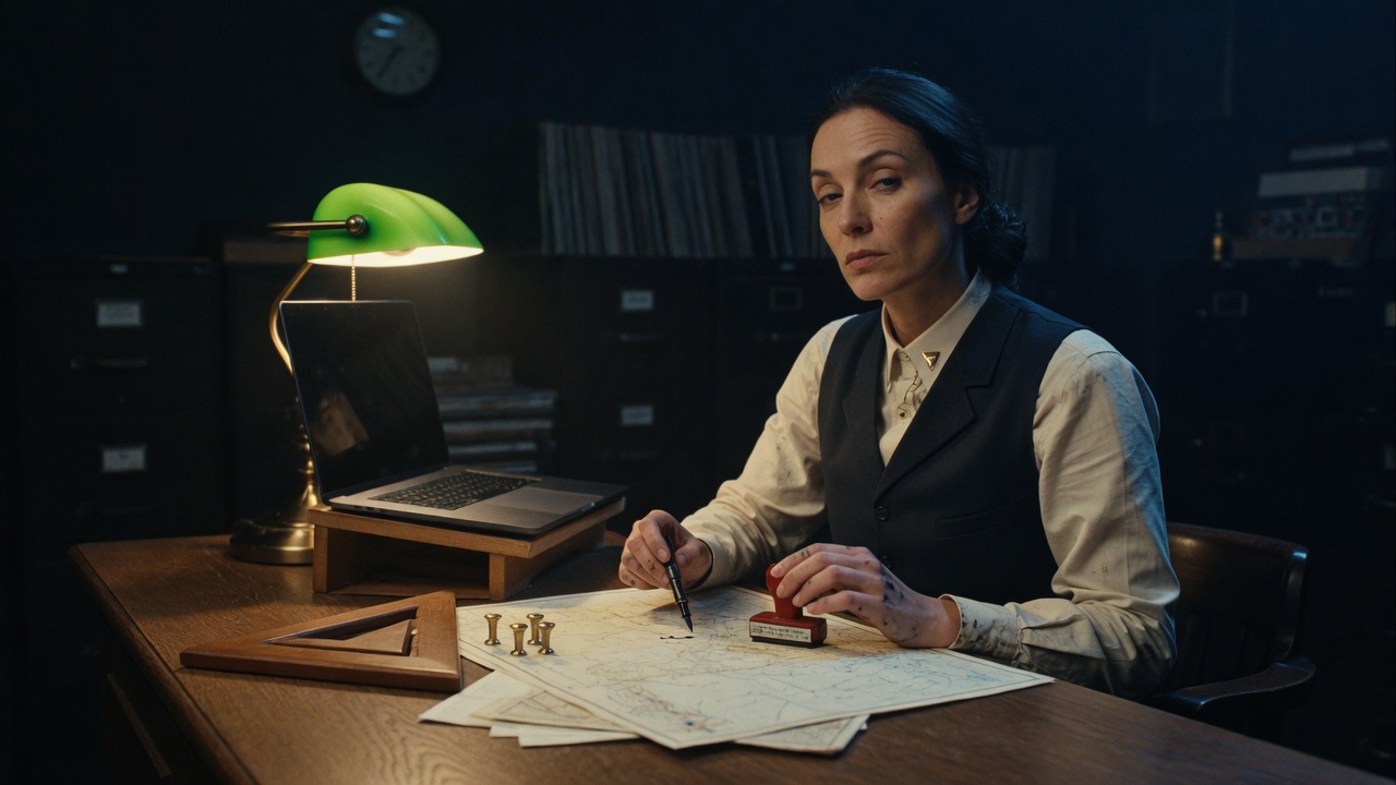 Vera City at the night clerk’s bench with a banker’s lamp, a wooden triangle, three pins, and a laptop on a stand